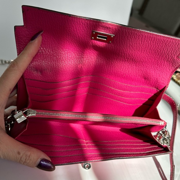 💯 HERMES Fuschia Pink Kelly Classic Long Wallet Chevre Leather Wallet on Chain - Picture 7 of 15